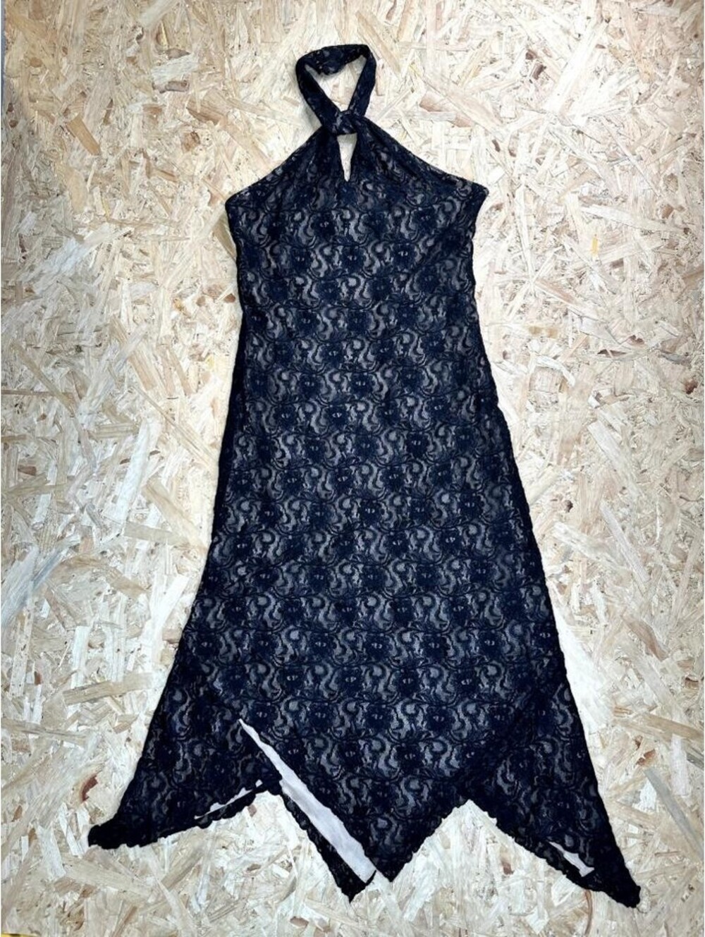 CDC Black Lace Halter Neck Dress Womens Size 12 Asymmetric Hem Nude Lining